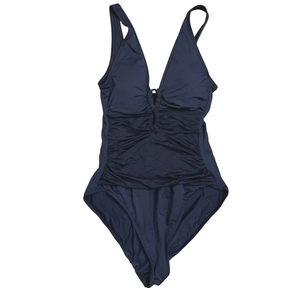 Lauren Ralph Lauren Black Ruched V-Neck One Piece Swimsuit Size 10